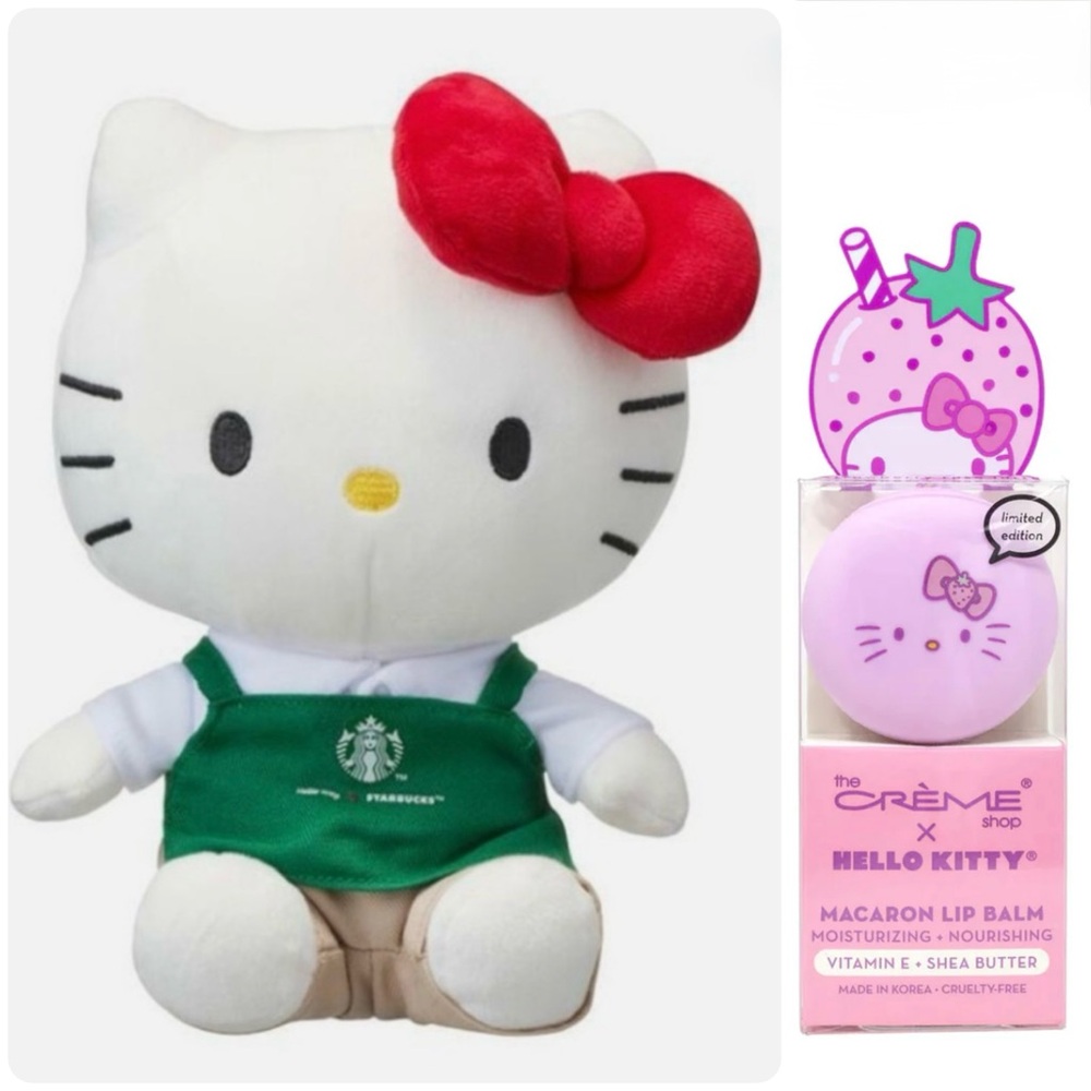 NEW 3pc Hello Kitty Starbucks Bearista Plush Crème Shop Lip Balm Strawberry Rose